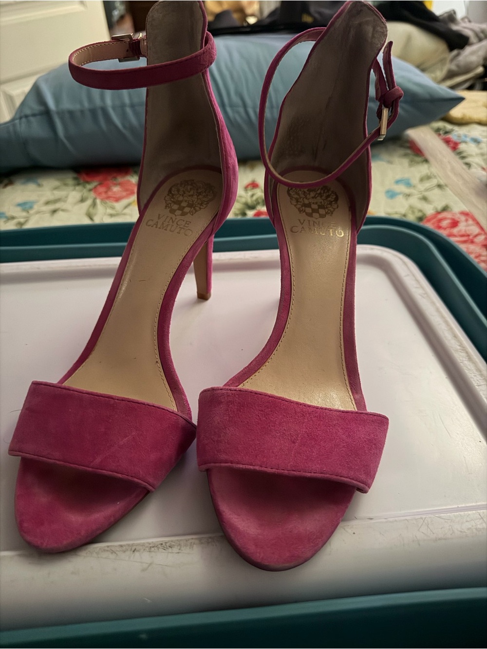 Vince Camuto Fuchsia Suede Open-Toe Ankle-Strap Heels